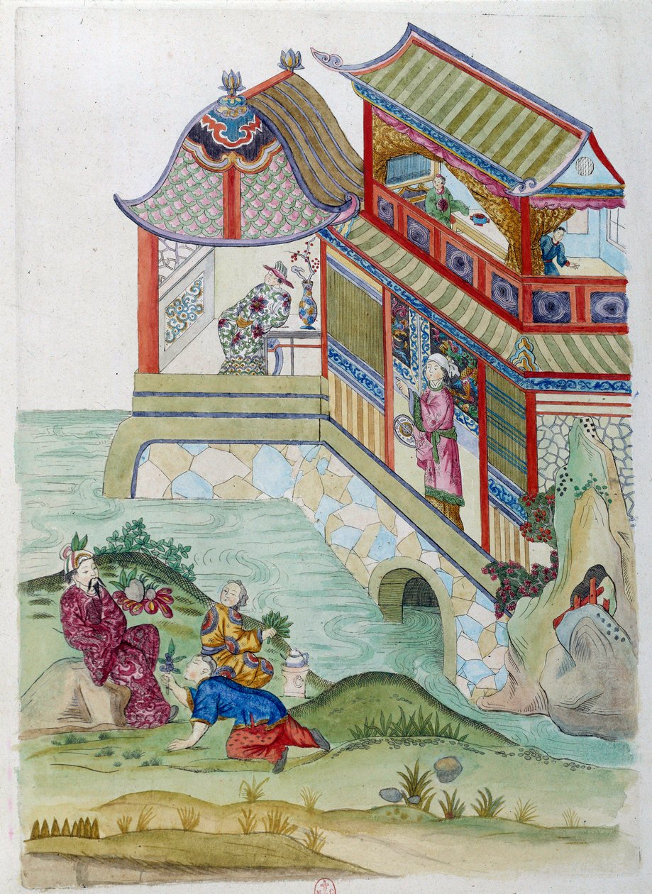 Casa no rio. O desenho vem de um vaso chinês. Pintura de Jean Antoine Fraisse (século XVIII) de Jean Antoine Fraisse