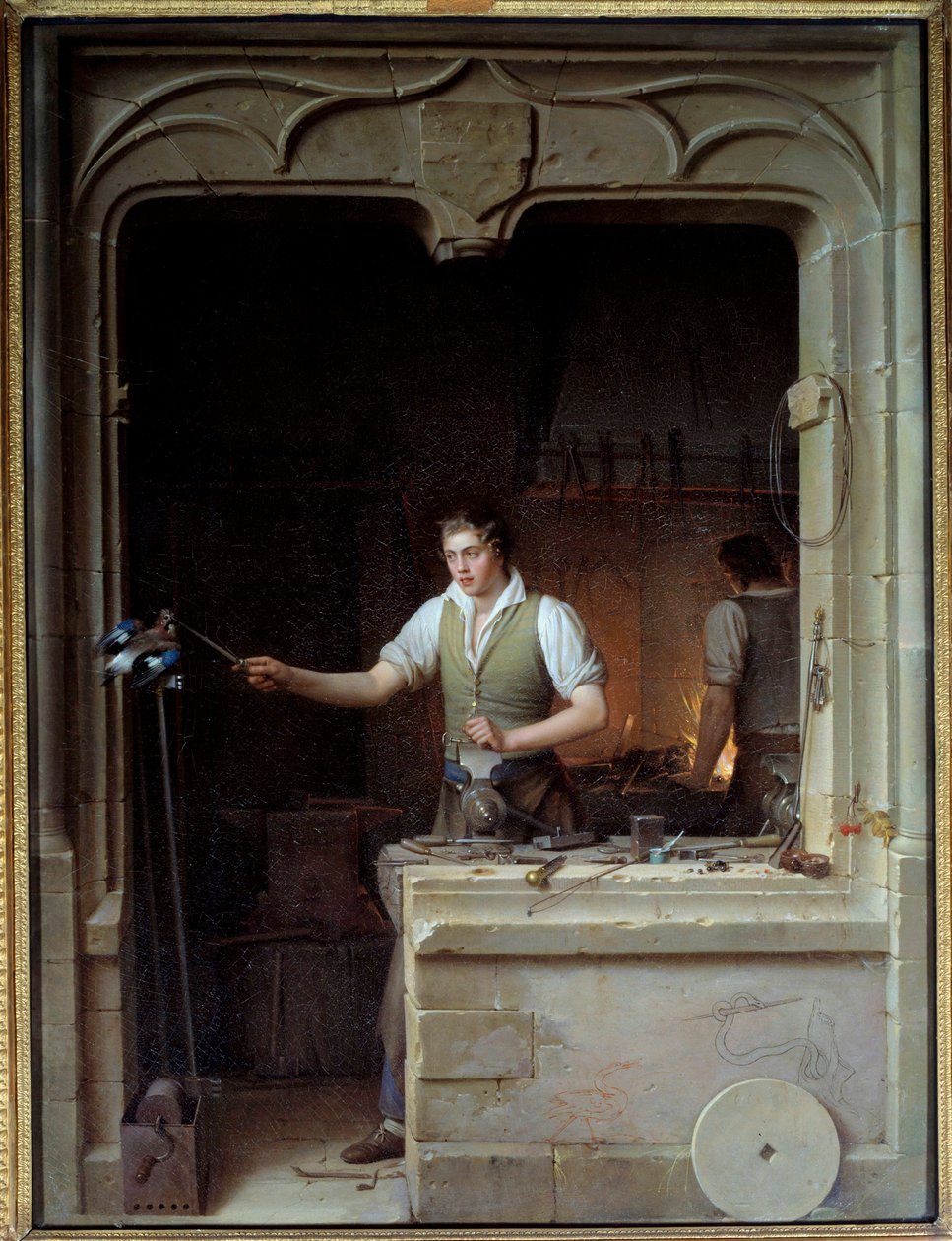 Um serralheiro tenta morder o seu arquivo para uma Ilustração de Jay para as fábulas de Jean de La Fontaine. Pintura de Jean Antoine Laurent (1763-1832) 1829 Sun. 0,86x0,65 m - Um serralheiro tentando fazer uma mordida de gaio na sua lima de metal. Ilustra de Jean Antoine Laurent
