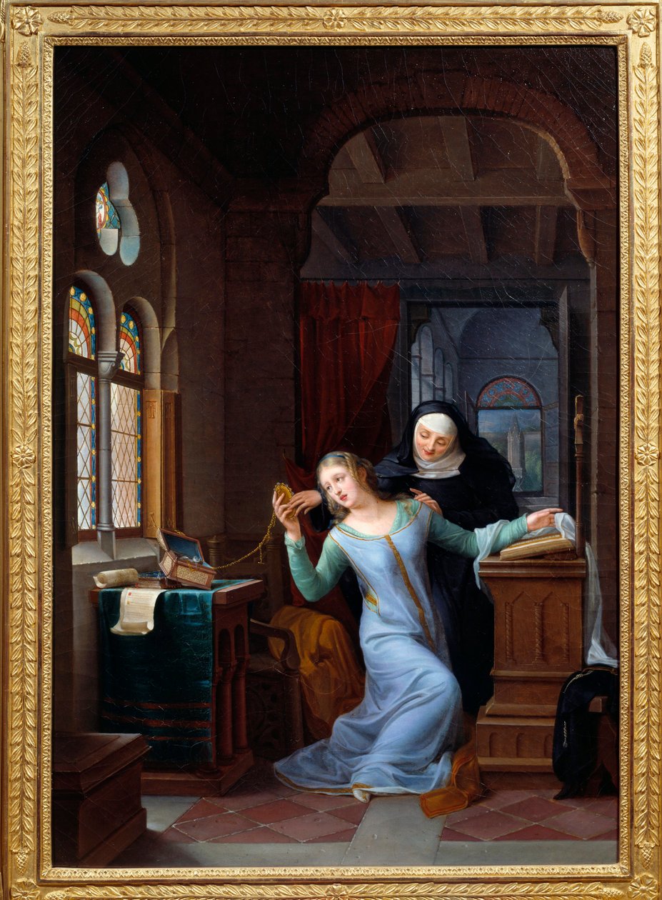 Heloise (1101-1164) abraçando a história da vida monástica de Heloise e Abelard, casal lendário. Pintura de Jean Antoine Laurent (1763-1832) Sol do século XIX. 0,84x0,58 m Malmaison, musee du chateau de Jean Antoine Laurent