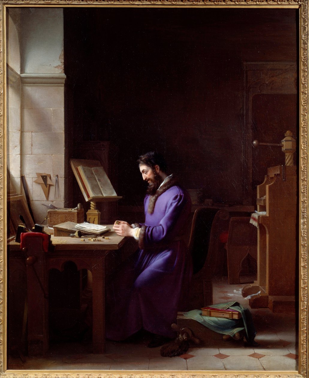 Johannes Gensfleisch Gutenberg (1400-1468) inventando a impressora O impressor alemão é um representante que lida com caracteres no seu escritório. Pintura de Jean Antoine Laurent (1763-1832) 1830 Grenoble, Musee des Beaux Arts de Jean Antoine Laurent