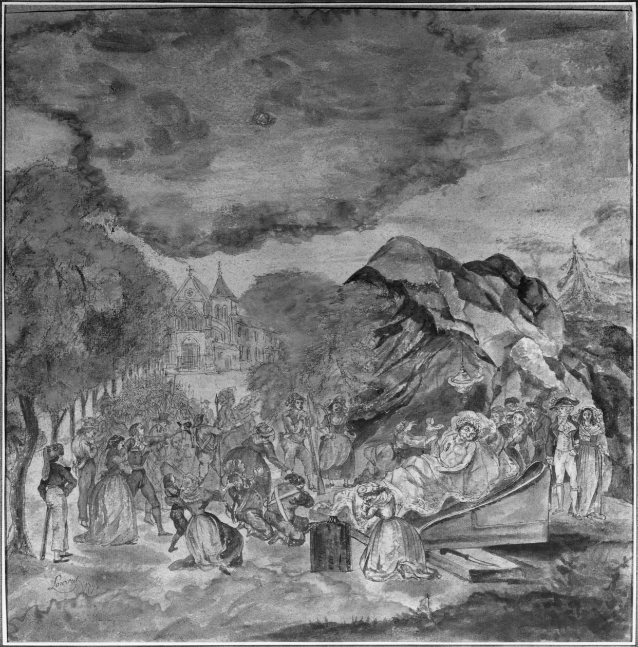 Pessoas passando pelo cadáver de Marat perto da gruta de Les Cordeliers, 1793 (lápis e wc no papel) de Jean Antoine Laurent