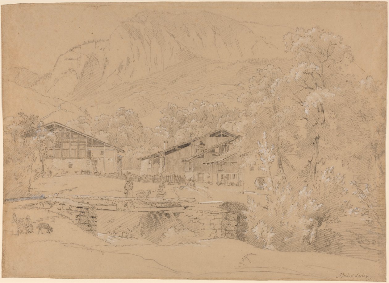 An Alpine Village in Summertime (giz preto e grafite realçados com giz branco sobre papel castanho) de Jean Antoine Linck