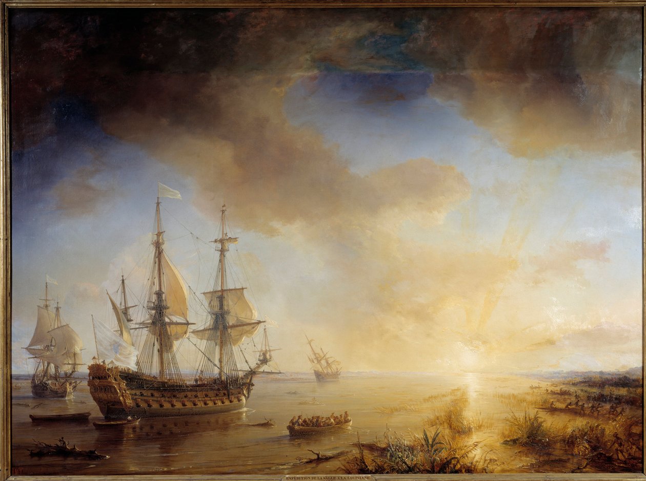 Expedição de Robert Cavelier de La Salle à Louisiana (1684). Pintura de Theodore Gudin (1802-1880) de Jean Antoine Theodore Gudin