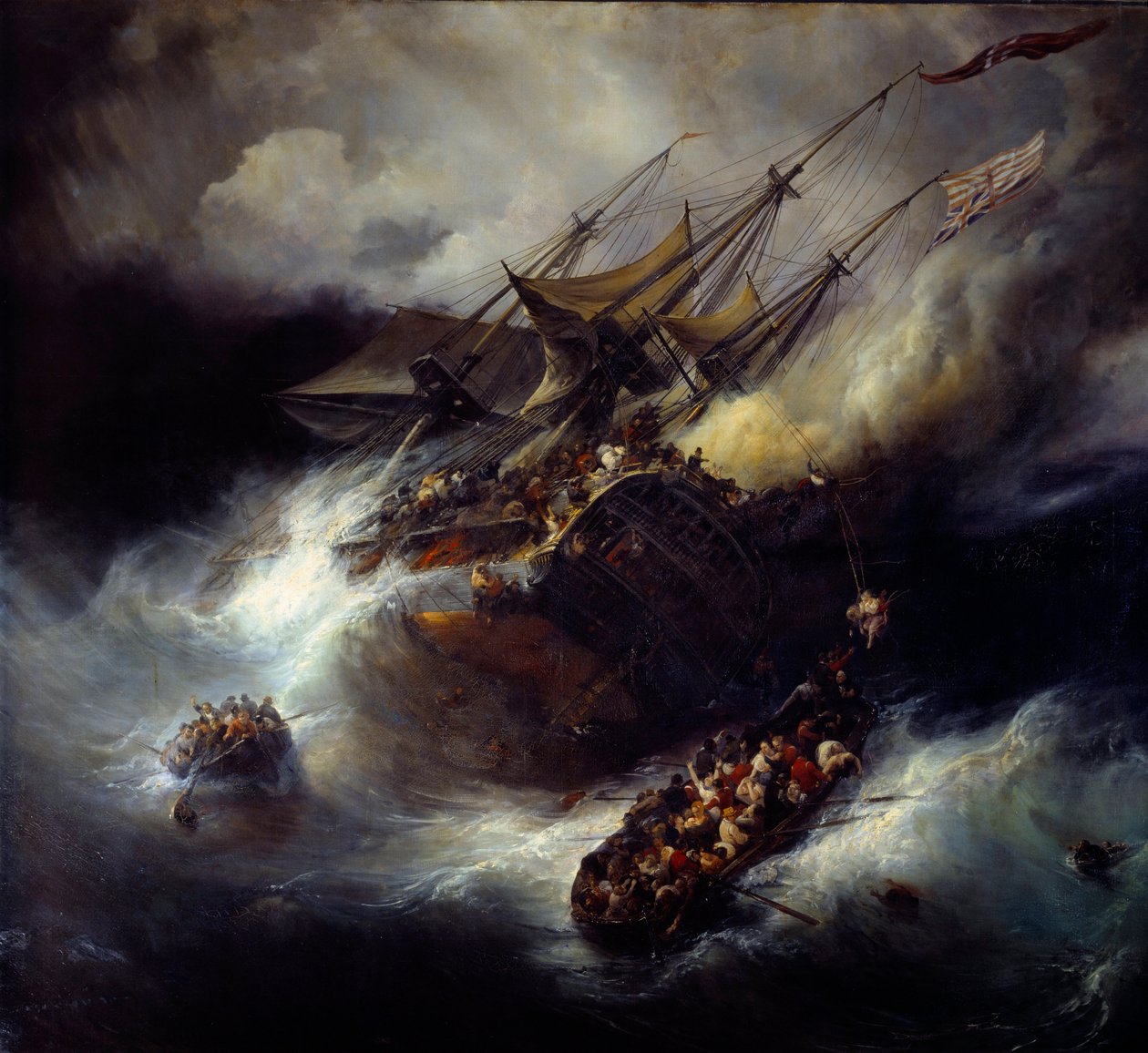 Incêndio do Kent Afundamento de um barco (1800). Pintura por Theodore Gudin (1802-1880) de Jean Antoine Theodore Gudin