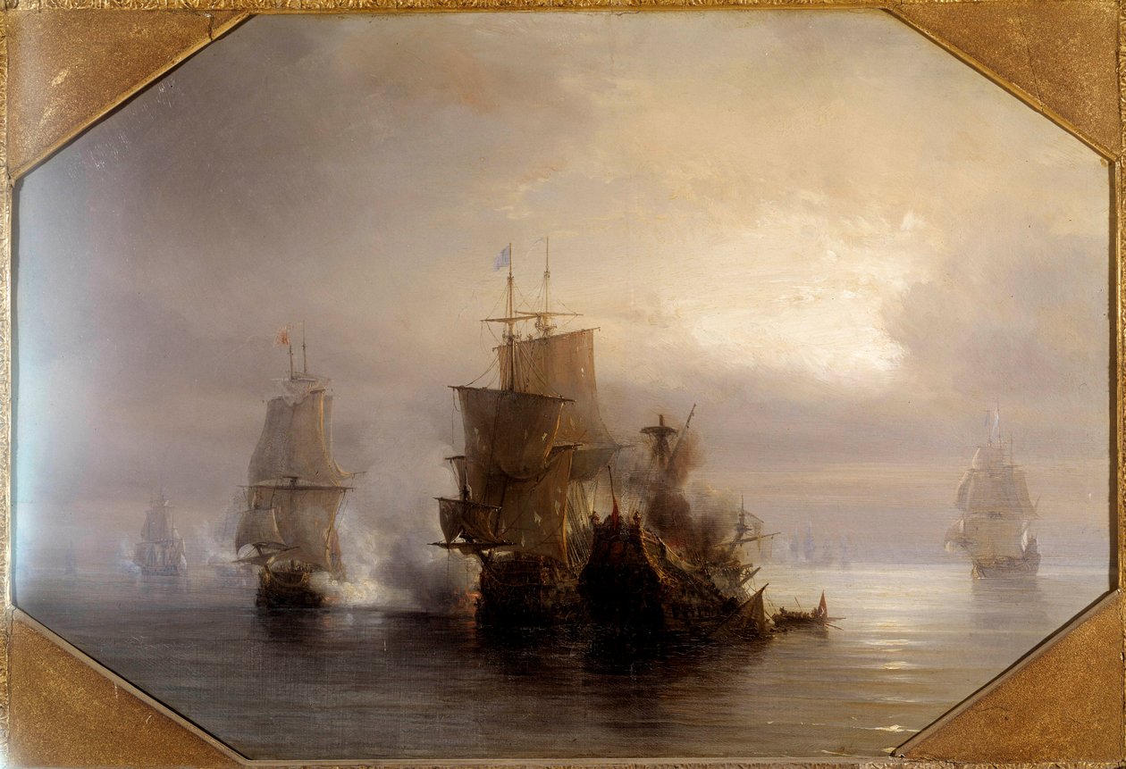Combate naval do cavaleiro Marc-Antoine de Saint-Pol Hecourt (1665-31 de Outubro de 1705), 31/10/1705 Ele deu o seu nome à cidade vizinha de Saint-Pol-sur-Mer (Saint Paul sur mer). Pintura de Theodore Gudin (1802-1880), século XIX. Paris, Musee de la Marin de Jean Antoine Theodore Gudin