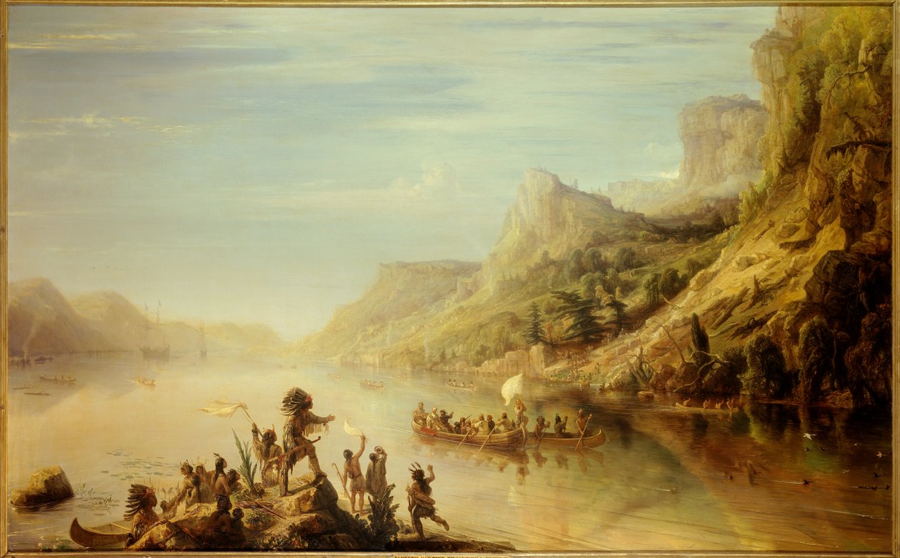 o explorador francês Jacques Cartier (1491- 1557) descobriu e escalou o rio St. Lawrence no Canadá em 1535. Pintura de Jean Antoine Theodore Gudin (1802-1880) de Jean Antoine Theodore Gudin