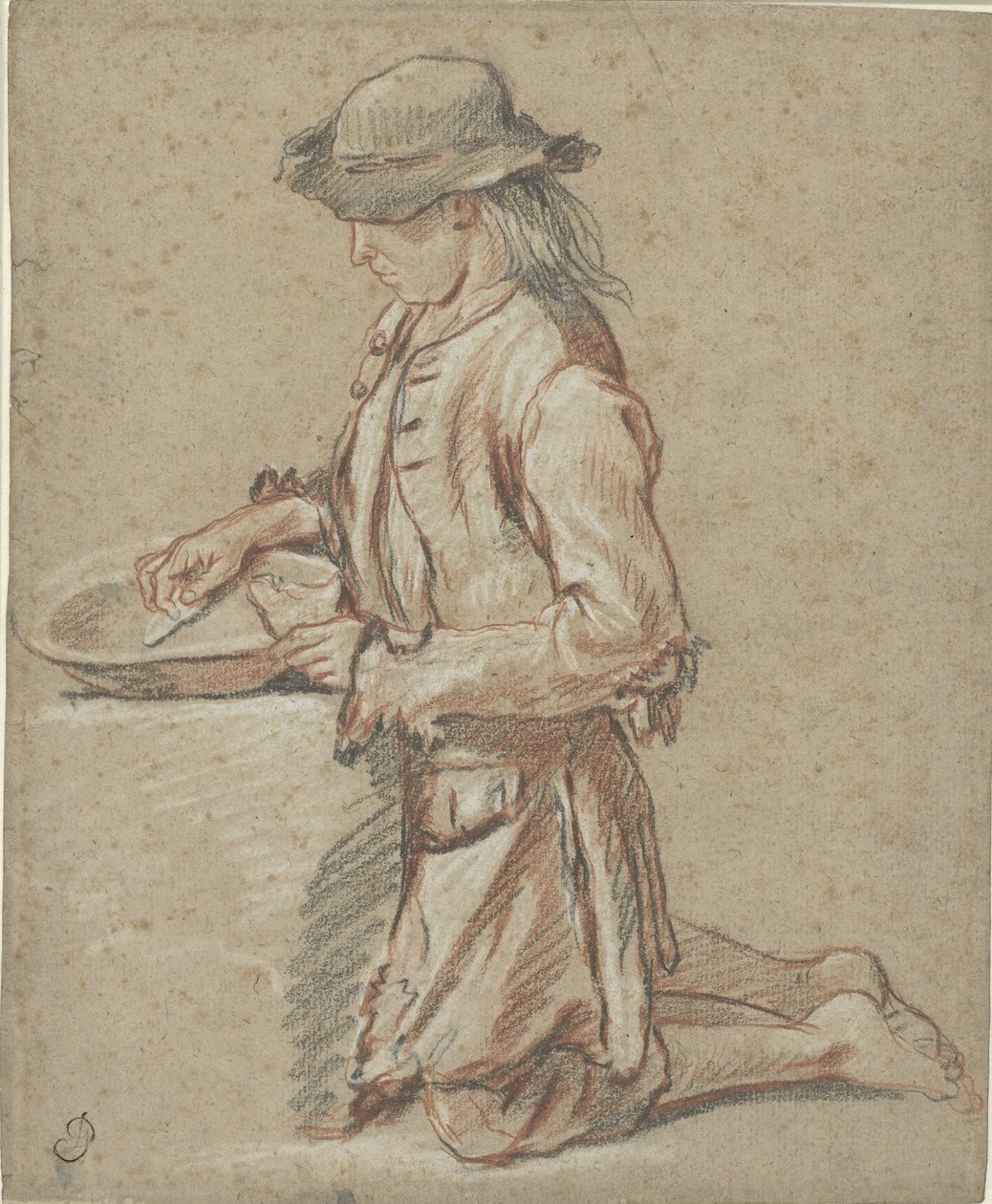 Rapaz com chapéu de feltro por um caixote do lixo de Jean Antoine Watteau (rejected attribution)