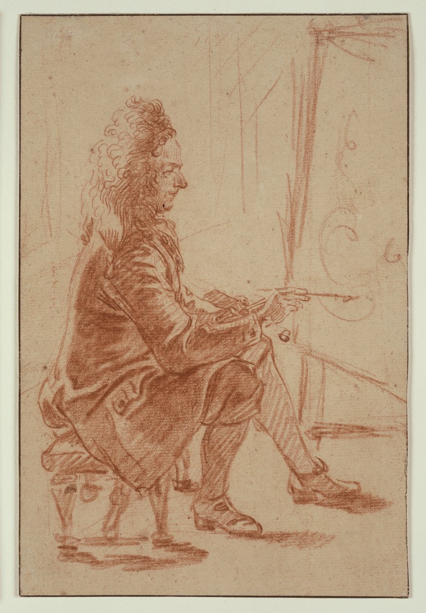 Um pintor de barba (possivelmente Claude Audran), sentado ao seu cavalete, visto de perfil de Jean Antoine Watteau