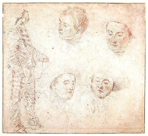 Um personagem e quatro cabeças (giz vermelho sobre papel) de Jean Antoine Watteau