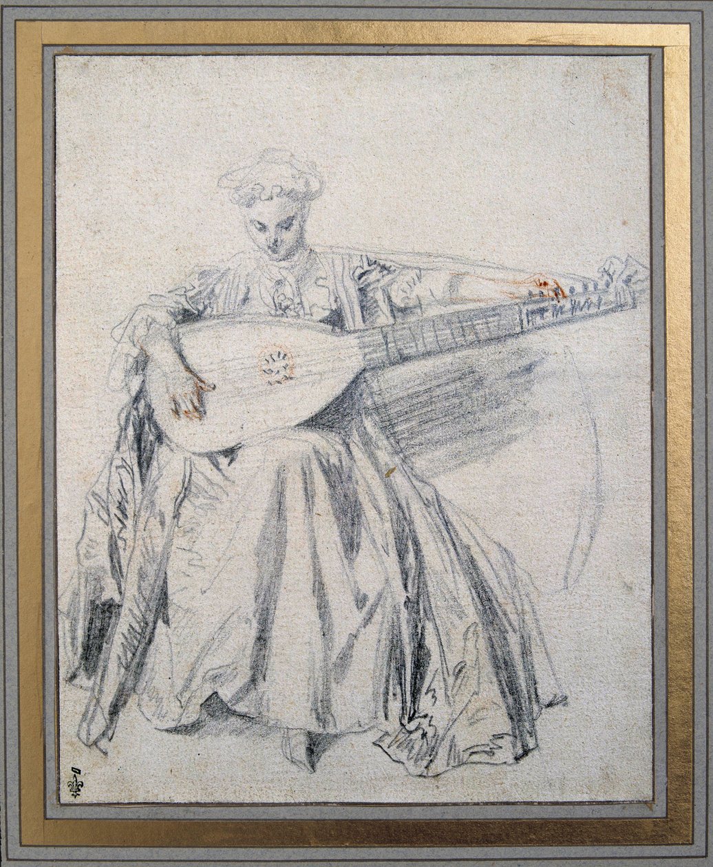 Um jogador de alaúde Desenhar uma mina de chumbo e sangue de Jean Antoine Watteau (1684-1721) Chantilly musee Conde do século XVIII de Jean Antoine Watteau