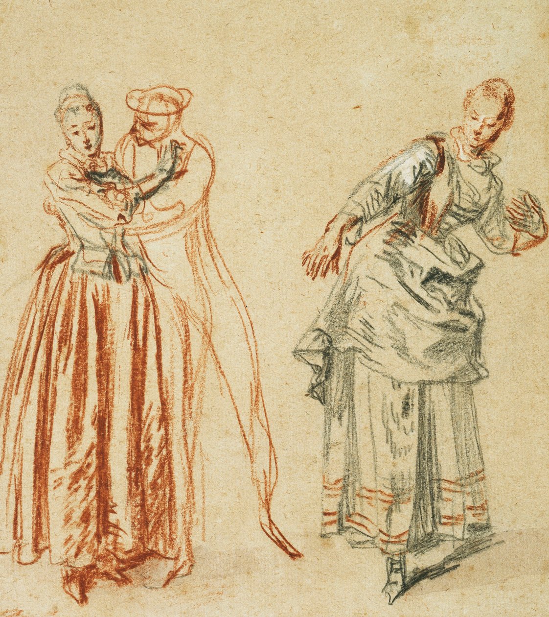 Uma cena da commedia dell "arte: Uma garota resistindo aos avanços de um comediante e uma atriz executando um passo, c.1718 de Jean Antoine Watteau