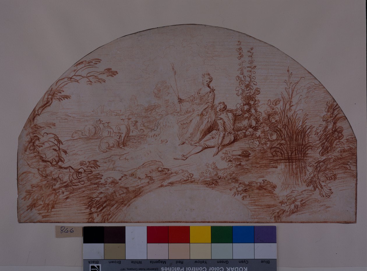 Uma pastora sentada com o seu esperma (giz vermelho sobre papel branco) de Jean Antoine Watteau