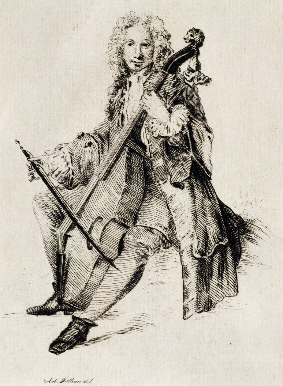 Violoncelista, de Jean Antoine Watteau (1684-1721), gravura, França de Jean Antoine Watteau