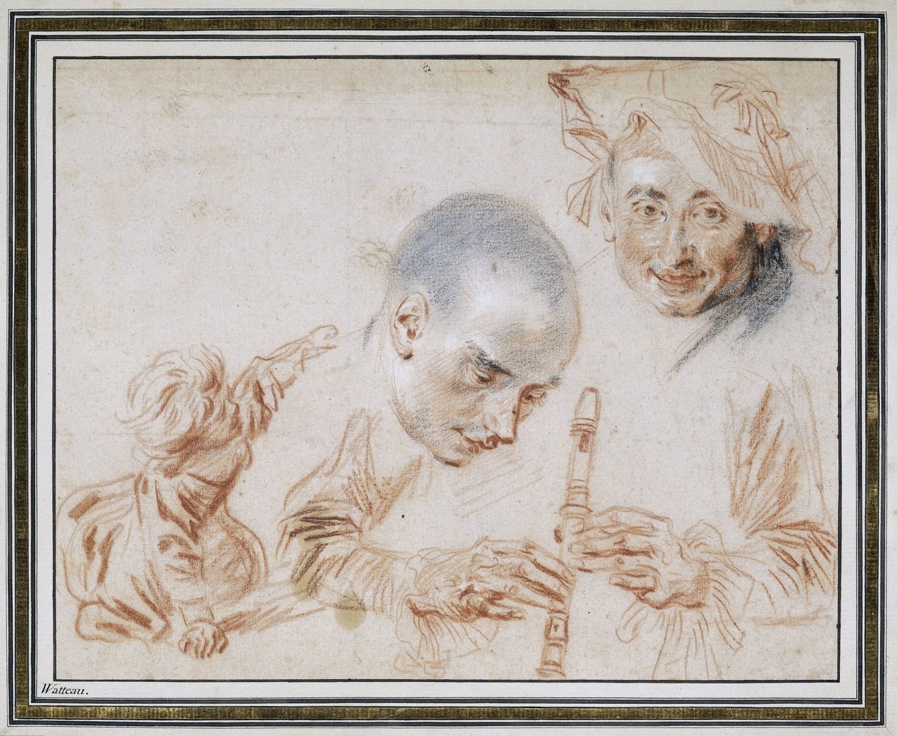Criança agachada, duas cabeças masculinas, uma usando boina, braços e mãos de um gravador-tocador de Jean Antoine Watteau