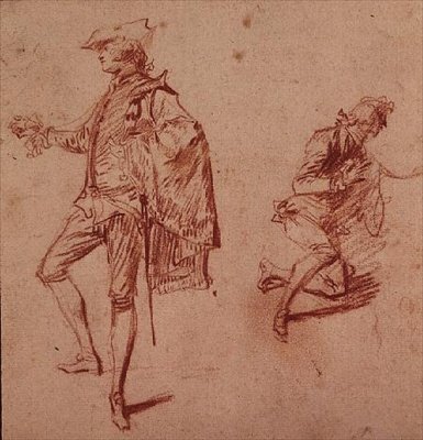 Desenho de um jovem de pé e outro de joelhos (papel de lápis de cera) de Jean Antoine Watteau