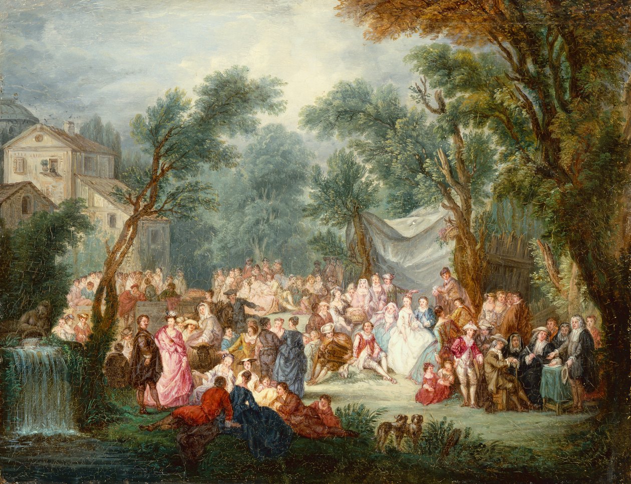 Empresa elegante, ao ar livre com a chegada dos noivos (óleo) de Jean Antoine Watteau