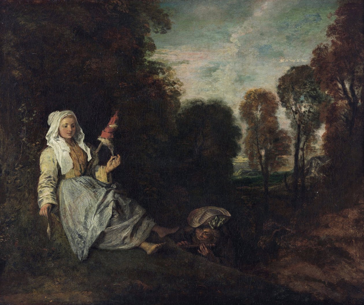 Paisagem nocturna com uma fiandeira, c.1715 (pintura) de Jean Antoine Watteau