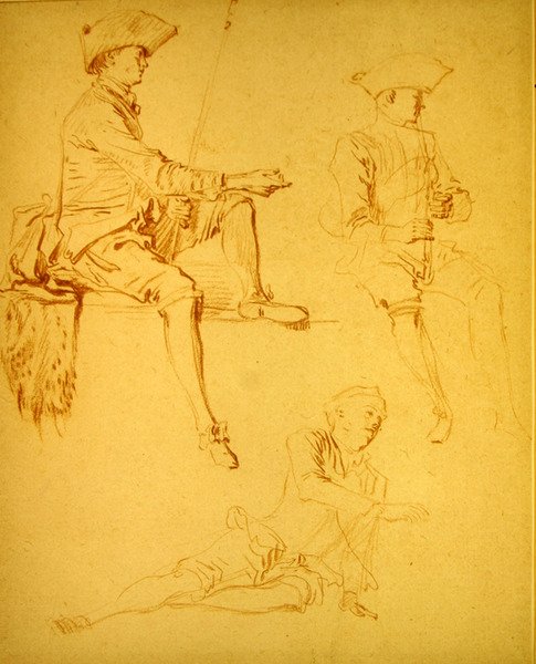Estudos de figuras (giz vermelho sobre papel) de Jean Antoine Watteau