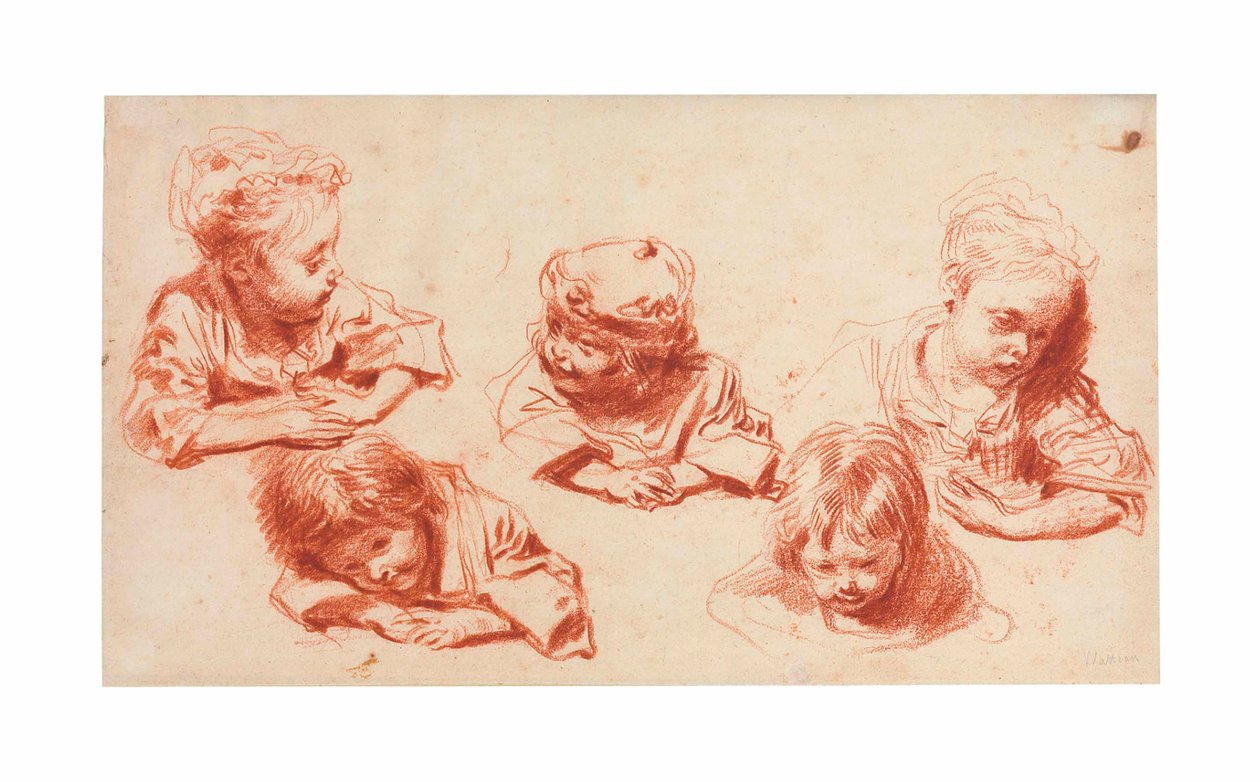 Cinco estudos de crianças (giz vermelho no papel) de Jean Antoine Watteau