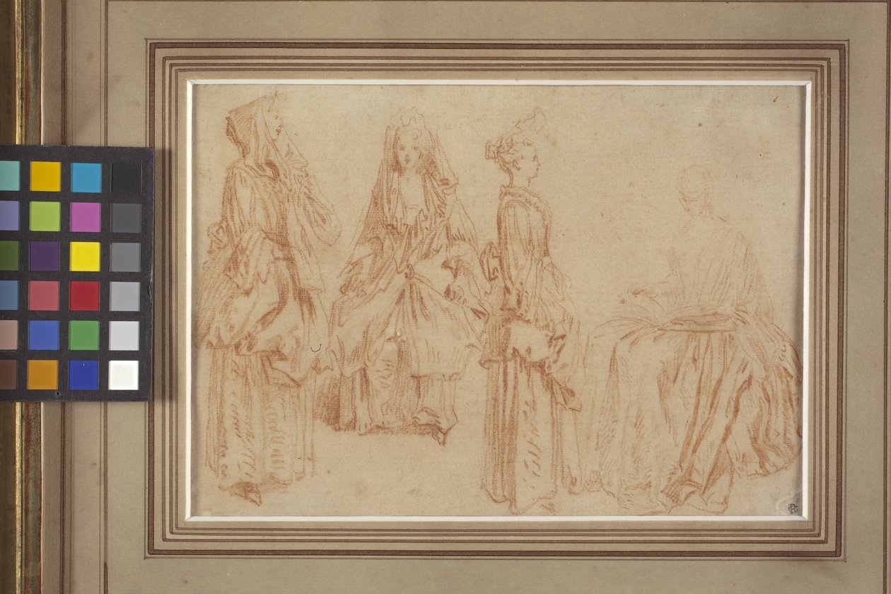 Quatro Senhoras (giz vermelho (sangue) sobre papel) de Jean Antoine Watteau