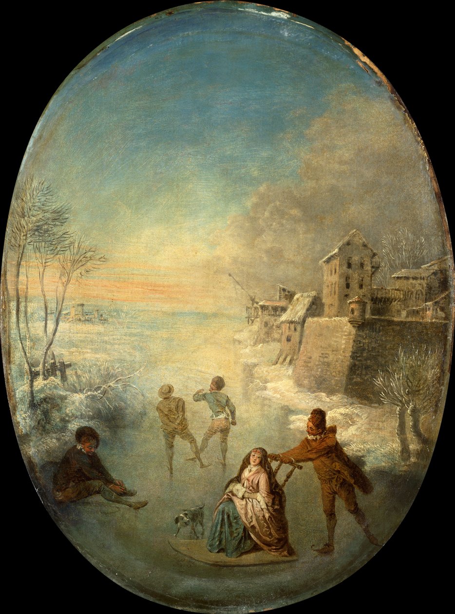 Gentlefolk on the Ice by a Walled Town in Winter (petróleo) de Jean Antoine Watteau