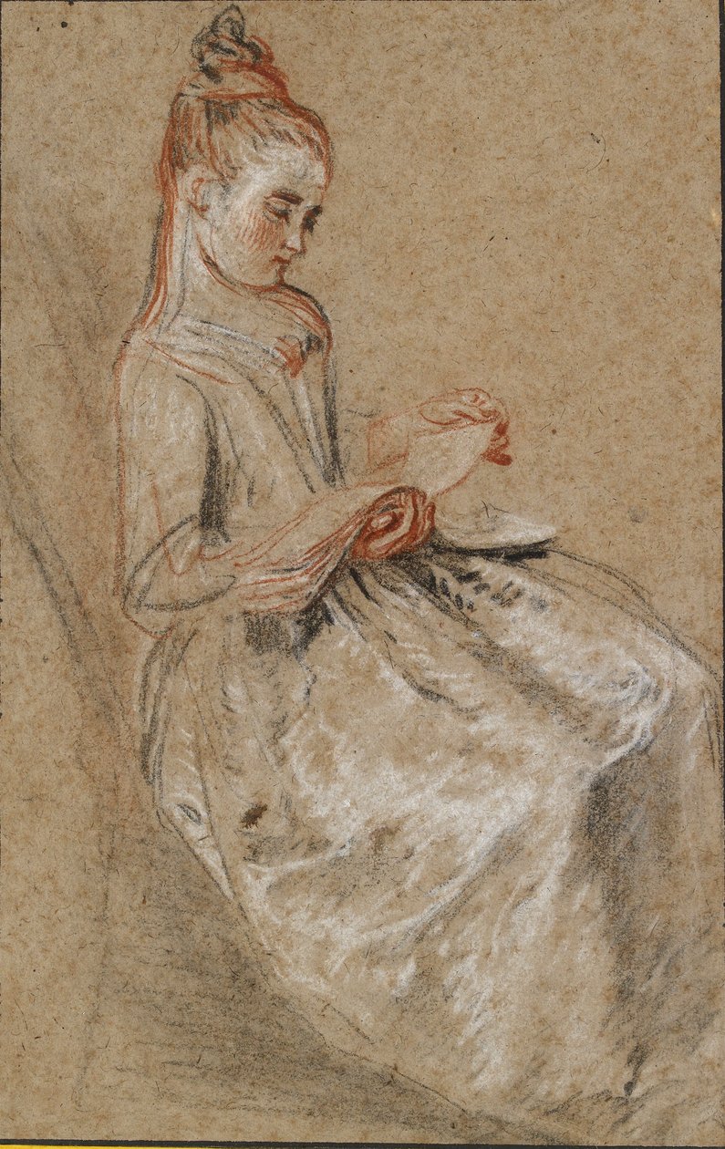 Menina sentada com um livro de música no colo, início do século 18 de Jean Antoine Watteau