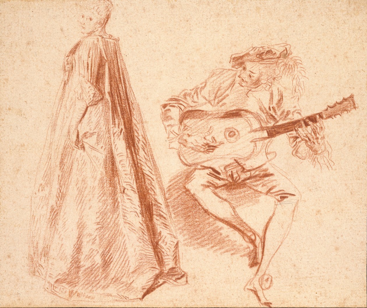 Rapariga de perfil à esquerda, com um Homem, a tocar q Guitarra, início do século XVIII de Jean Antoine Watteau