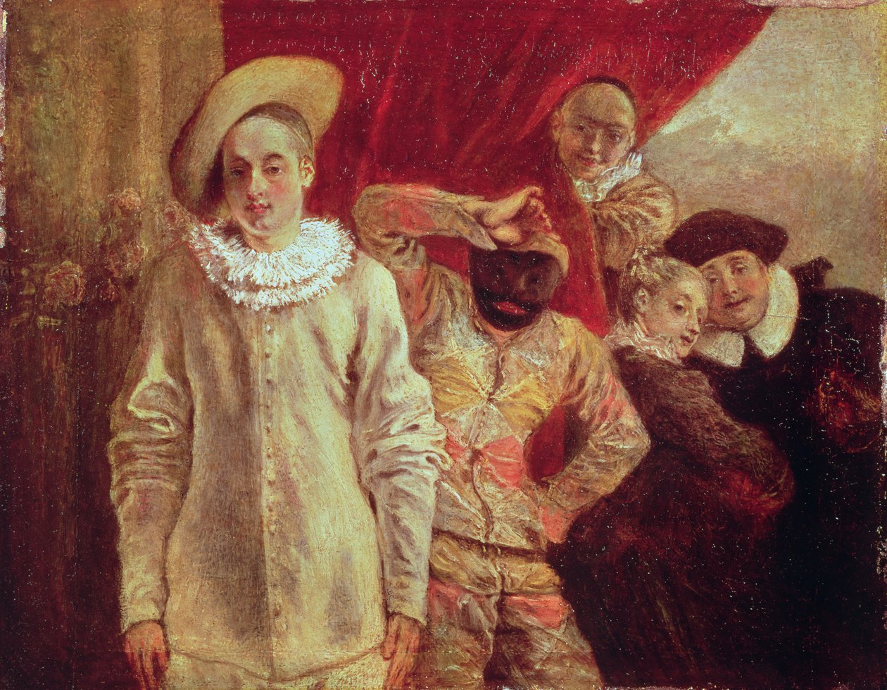 Arlequim, Pierrot e Scapin, Atores da Commedia dell&39;Arte de Jean Antoine Watteau