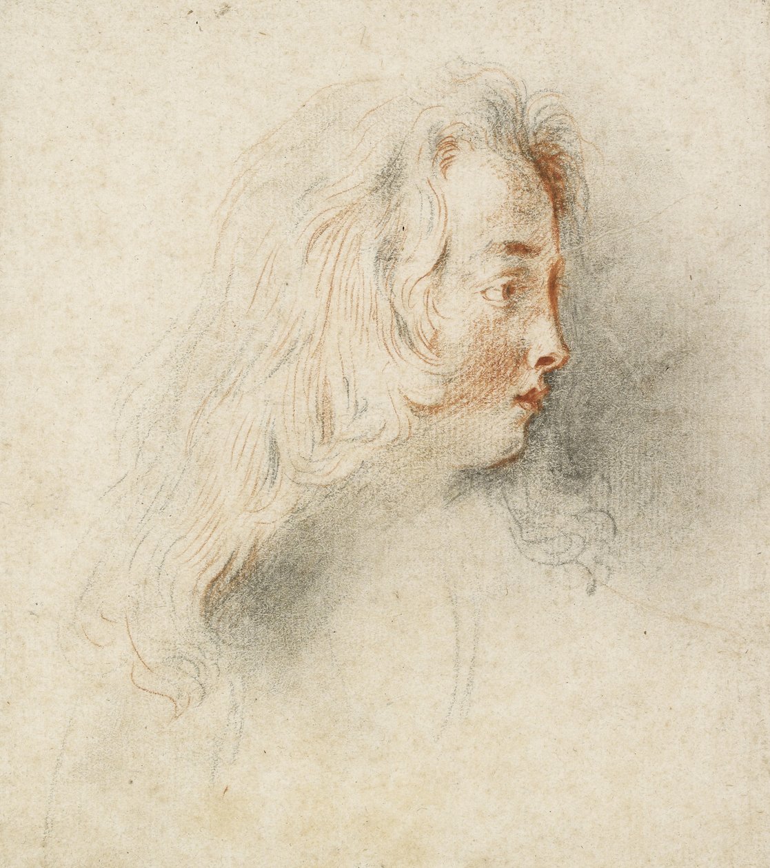 Cabeça de um menino de perfil (giz preto e vermelho sobre papel branco sujo) de Jean Antoine Watteau