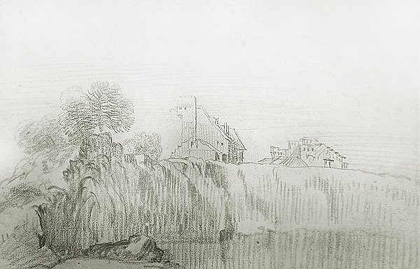 Casa à beira de um penhasco íngreme (giz vermelho sobre papel) de Jean Antoine Watteau