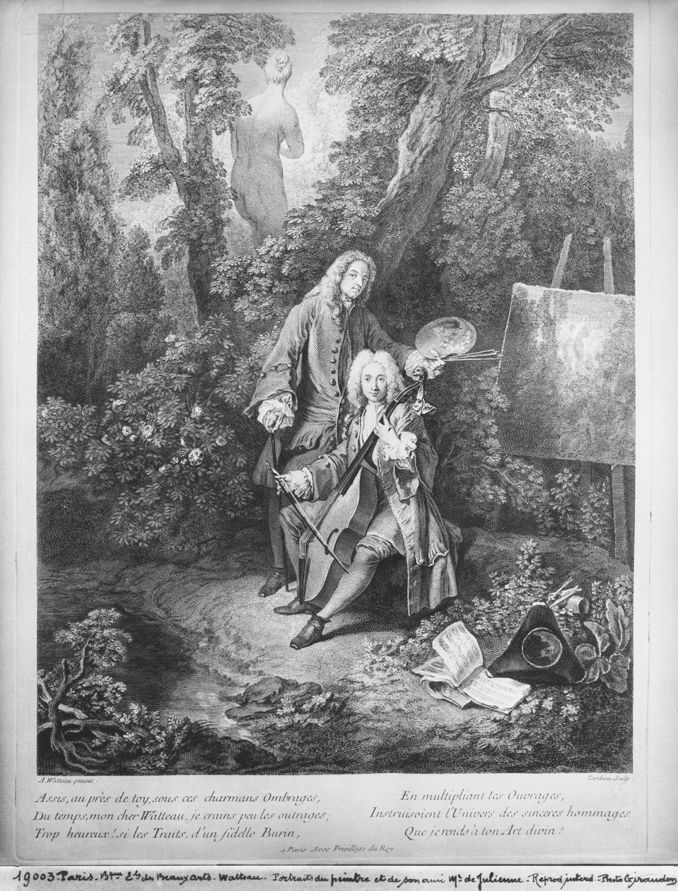 Jean Antoine Watteau e seu amigo Monsieur de Julienne, gravados por Nicolas Henri Tardieu (1674-1749) de Jean Antoine Watteau