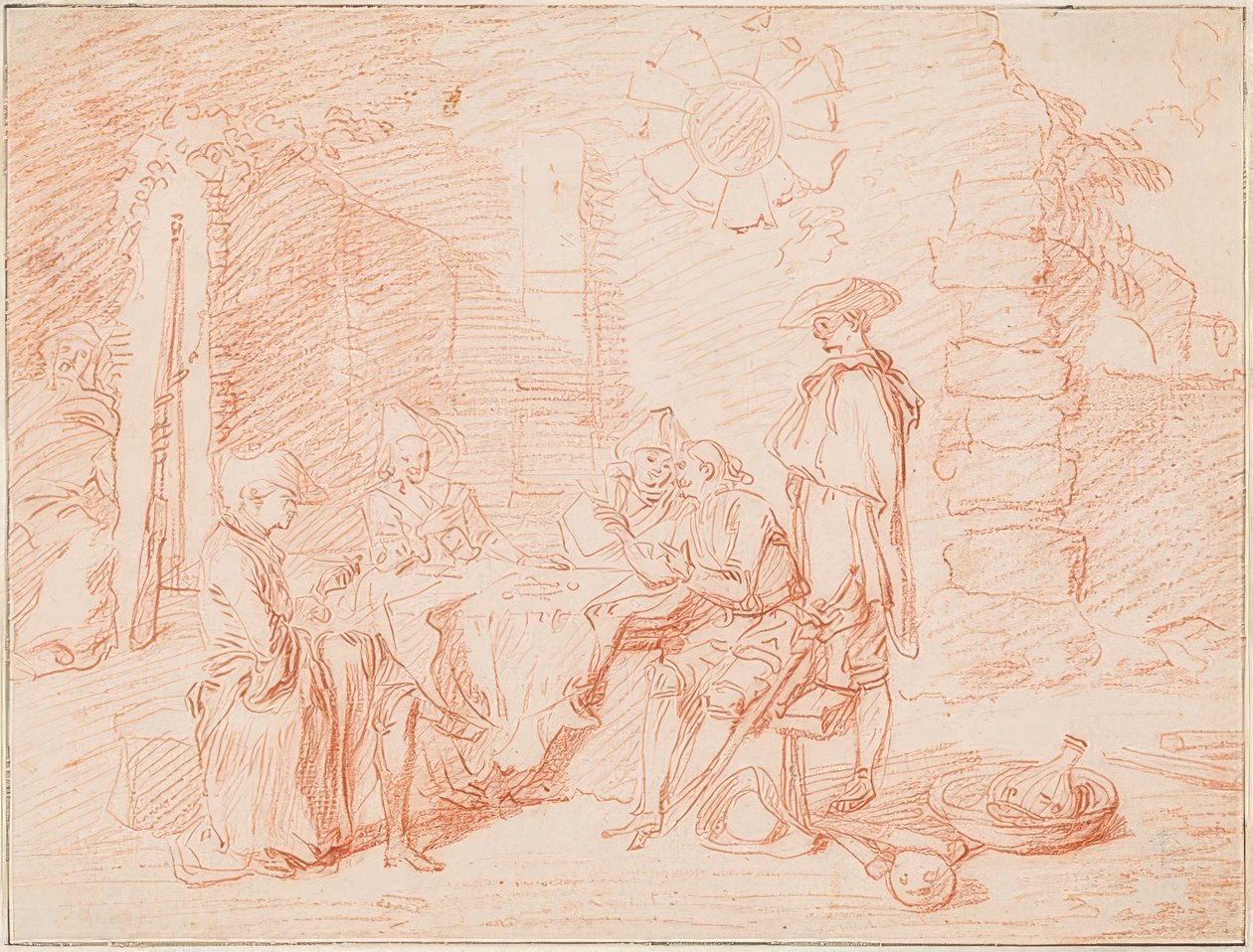 Soldados jogando cartas na frente de uma parede. 1709-10 de Jean Antoine Watteau