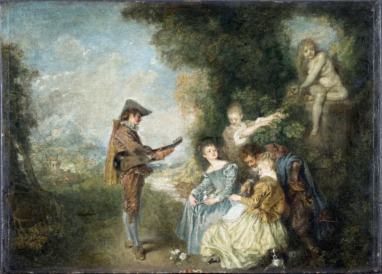 A Lição de Amor (cena galante dans un jardin, avec statue et musicien) - Pintura de Jean Antoine Watteau (1684-1721), óleo sobre madeira (44 x 61 cm) de Jean Antoine Watteau