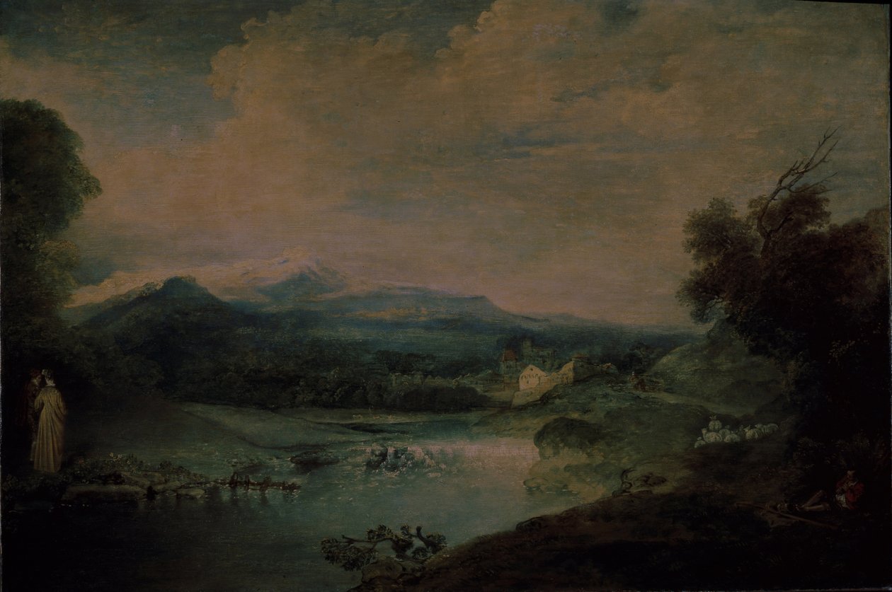 Paisagem com uma cachoeira, ca 1714 de Jean Antoine Watteau