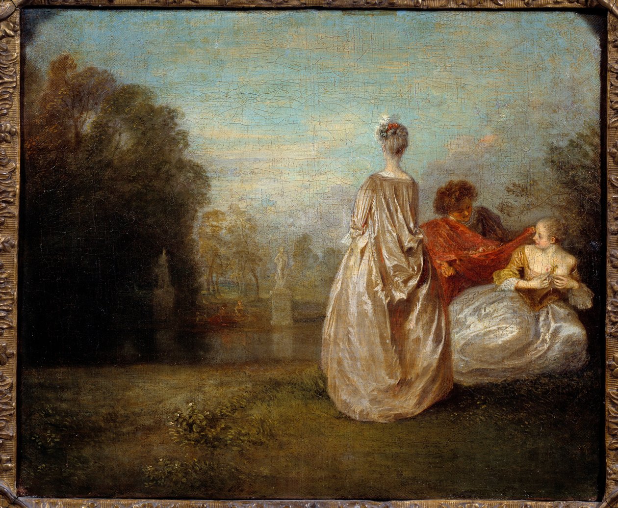 A Pintura Dois Primos por Jean Antoine Watteau (1684-1721) 1716 Sol. 0,35x0,26 m de Jean Antoine Watteau