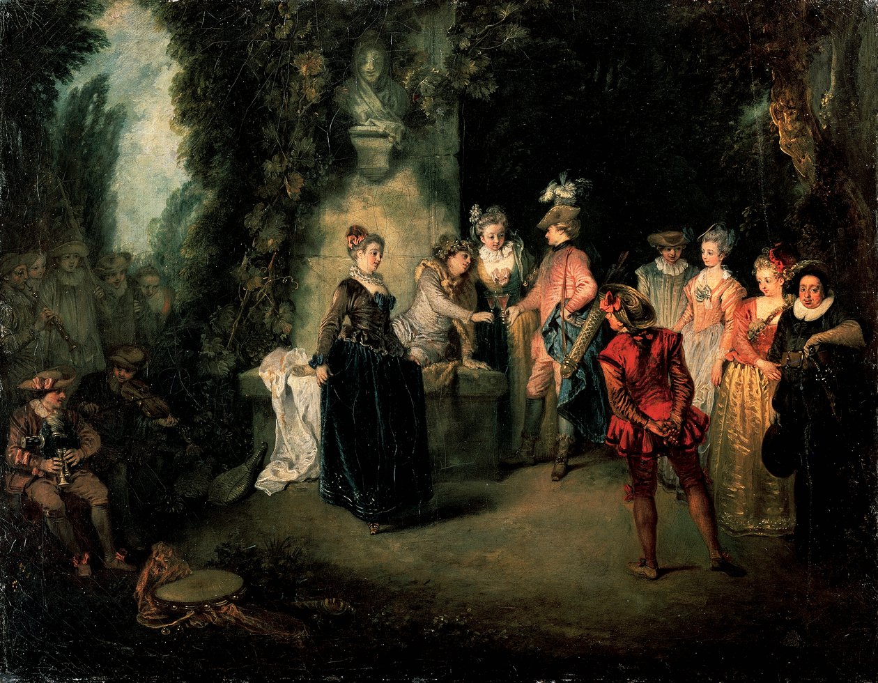 Amor no Teatro Francês por Jean-Antoine Watteau (1684-1721), óleo sobre tela, 37x48 cm de Jean Antoine Watteau