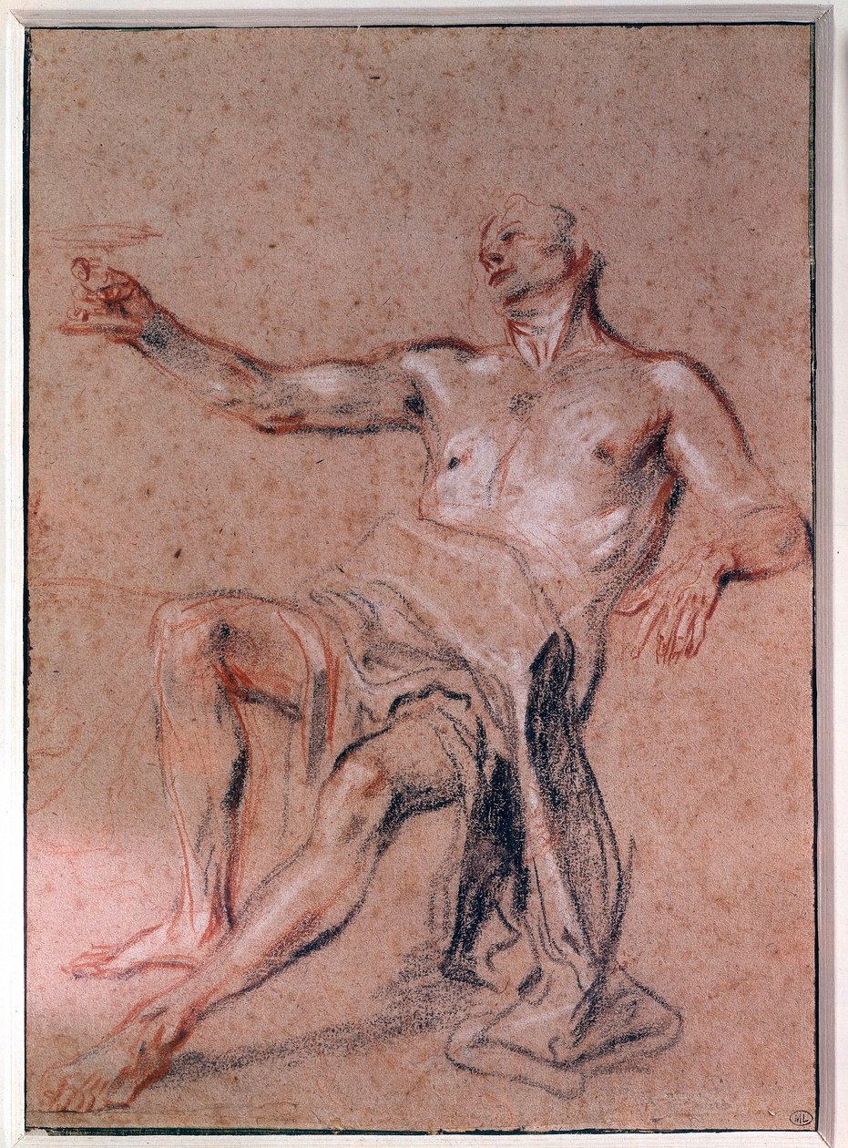 Desenho do Lápis Nú de Jean Antoine Watteau (1684-1721) Paris do século XVIII, Musee du Louvre de Jean Antoine Watteau