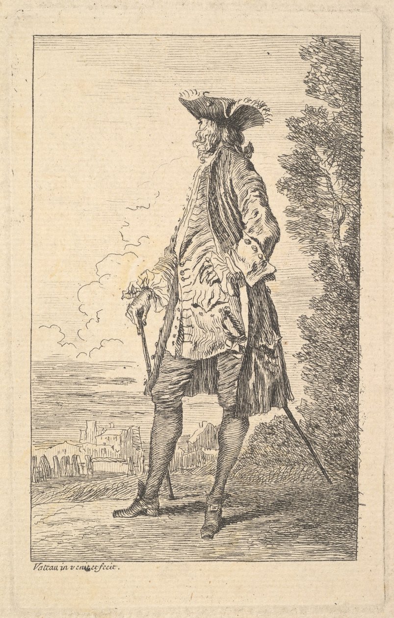 Homem andando e carregando uma bengala na mão direita, mostrada em três quartos com h ..., ca. 1710 de Jean Antoine Watteau