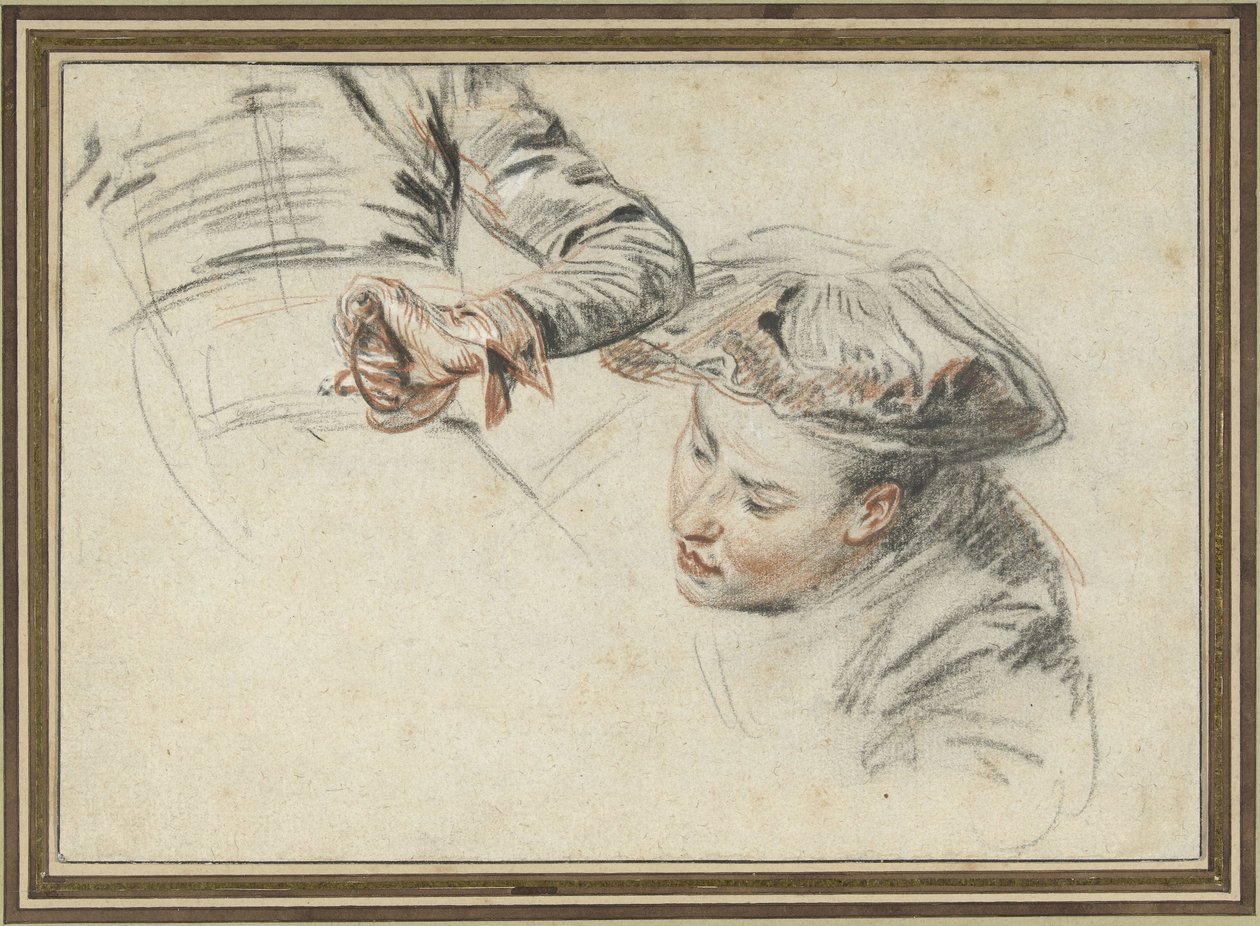 A cabeça do homem com boina e uma mão no punho de Jean Antoine Watteau