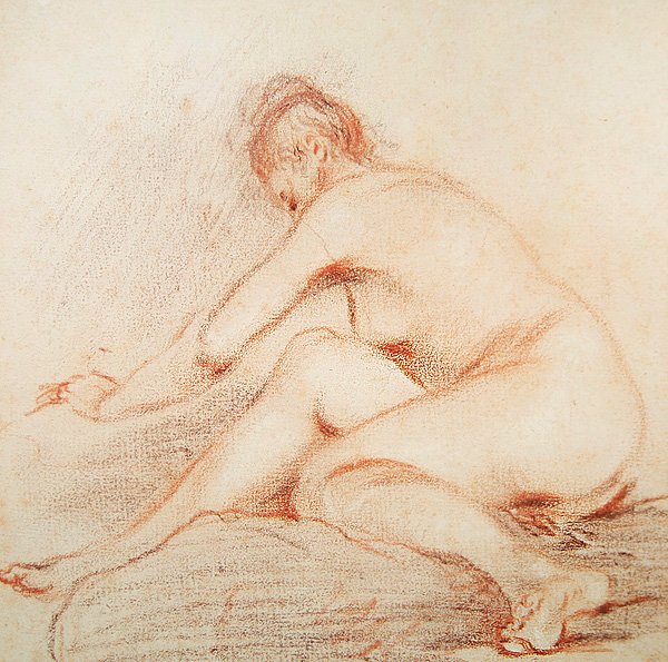 Mulher nua (carvão e giz vermelho sobre papel) de Jean Antoine Watteau