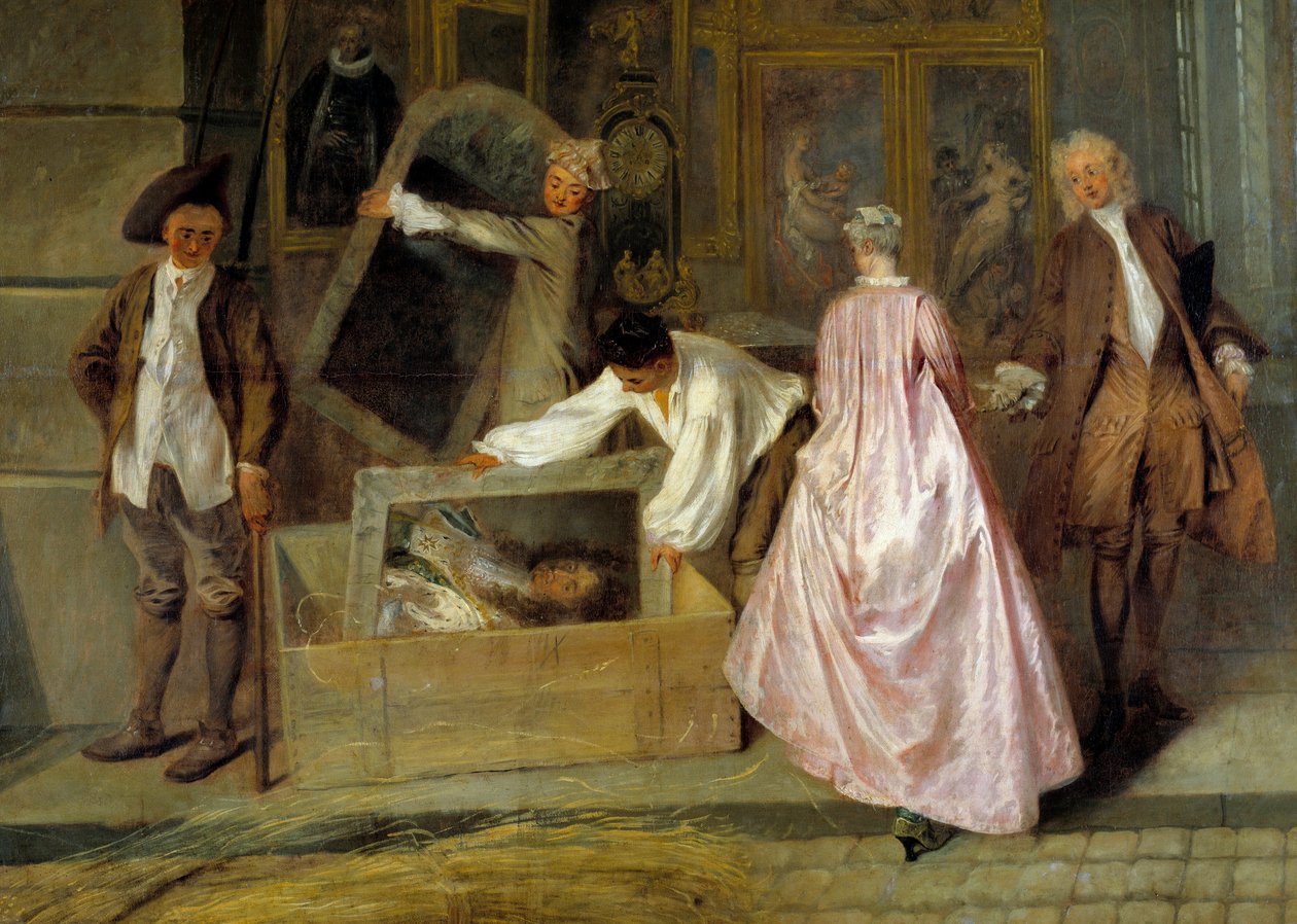 Preparação da embalagem. Detalhe à esquerda do sinal da Gersaint. Homens desembalam quadros e os colocam em um baú para enviá-los aos clientes que acabaram de comprar as obras. Edme Francois Gersaint, revendedor de pintura cuja galeria está localizada em P de Jean Antoine Watteau