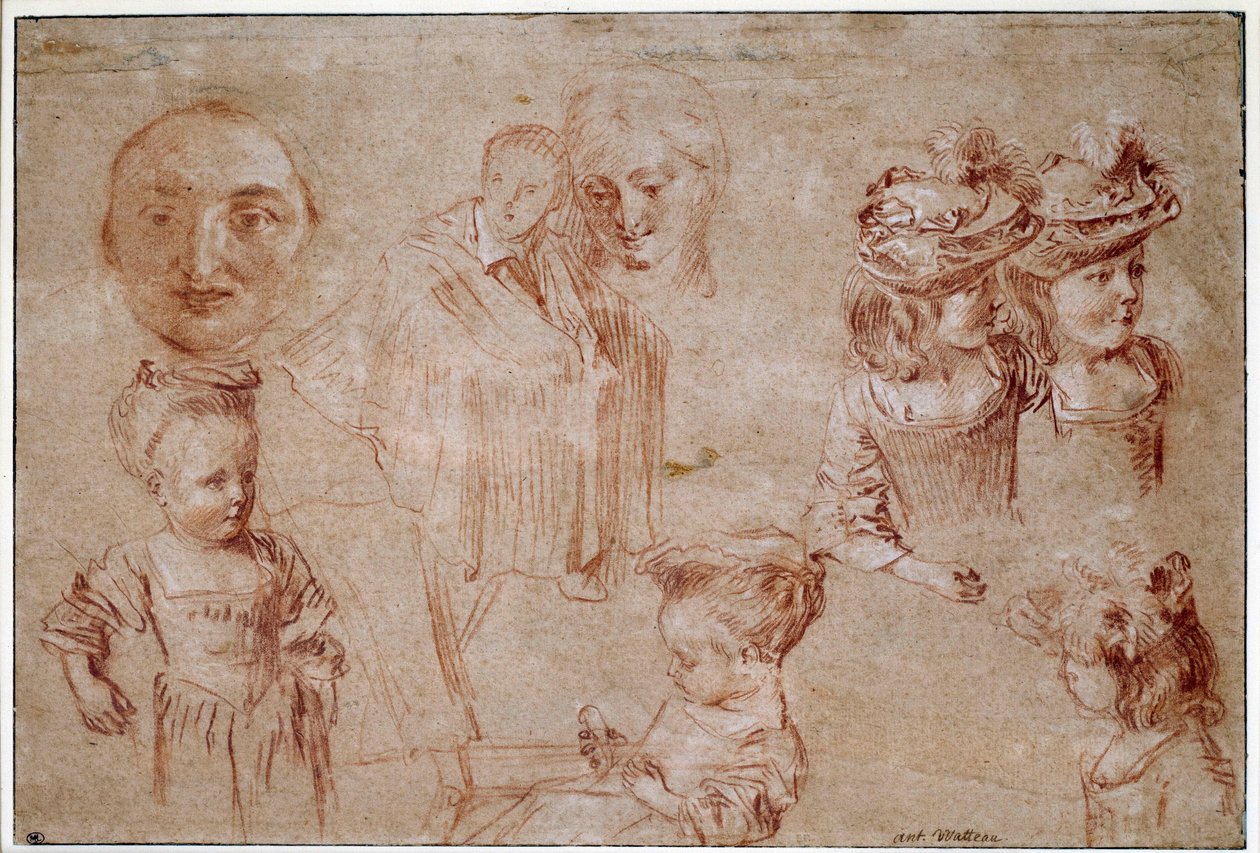 Máscara de Pierrot, cinco garotas no busto, um homem drapeado e o rosto de uma mulher. Desenho de sangue e sebes de giz por Jean Antoine Watteau (1684-1721) Sol do século XVIII. 0,27x0,4 m Paris, Musee du Louvre de Jean Antoine Watteau
