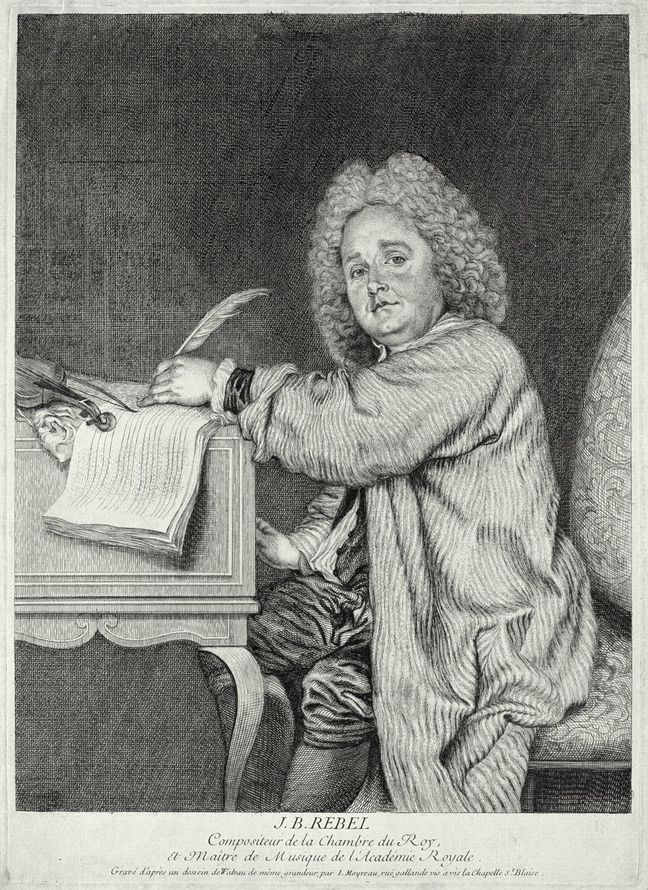 Retrato de Jean-Ferry Rebel (1666-1747) gravado por Moyreau de Jean Antoine Watteau