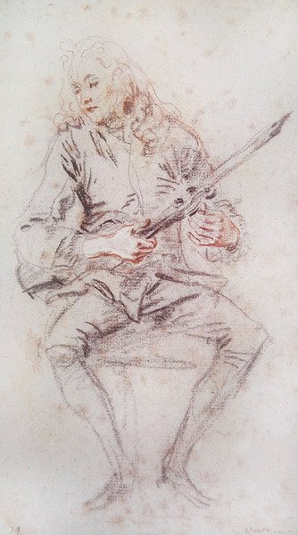 Violinista sentado girando seu instrumento; de Jean Antoine Watteau