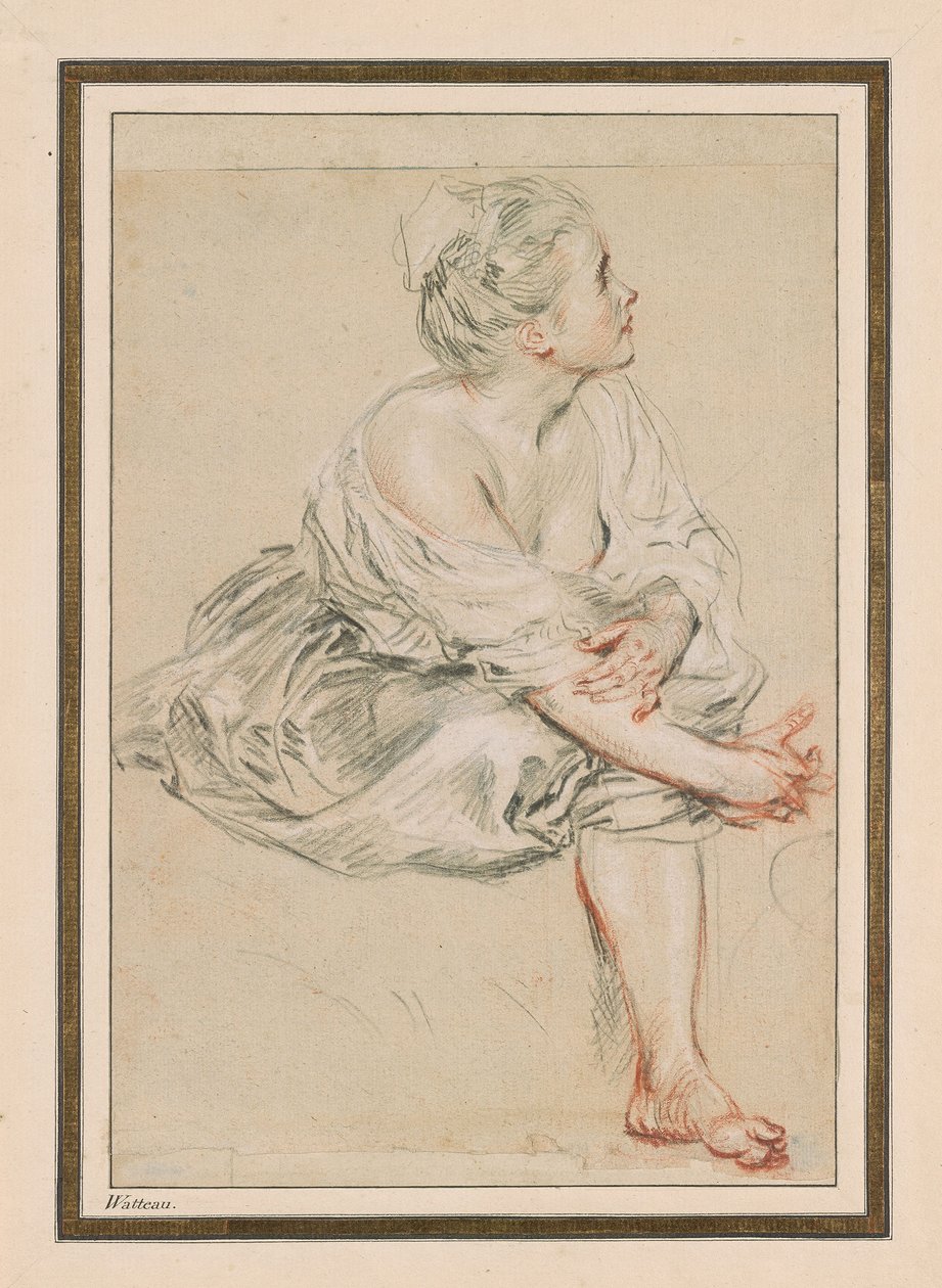 Mulher Jovem Sentada, c. 1716 (giz preto, vermelho e branco no papel) de Jean Antoine Watteau