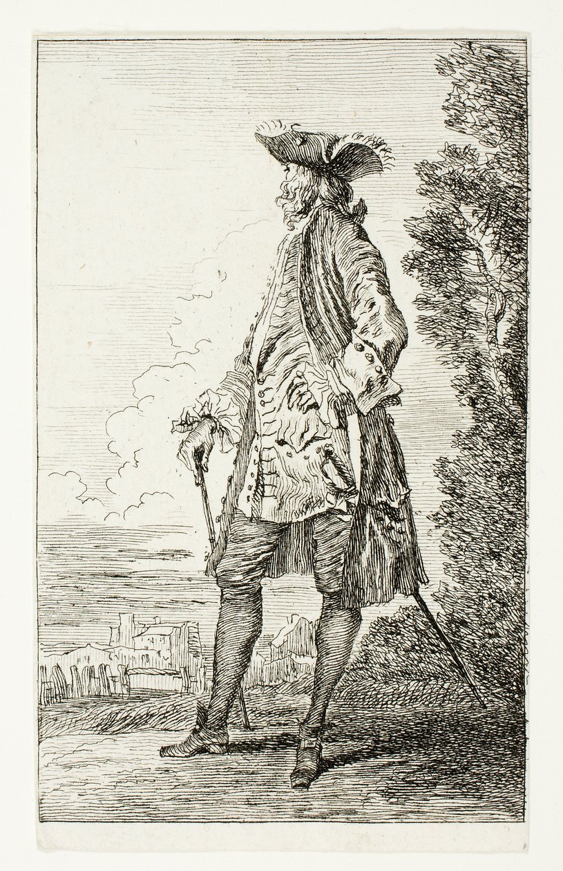 Homem de pé com um chapéu, virado para a esquerda, de Figures de Modes de Jean Antoine Watteau