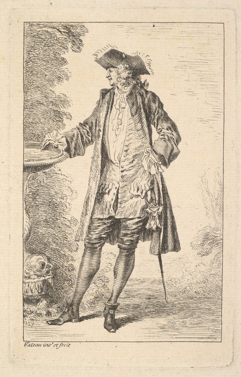 Homem em pé com a mão direita apoiada em uma bacia, mostrada em três quartos com ..., ca. 1710 de Jean Antoine Watteau