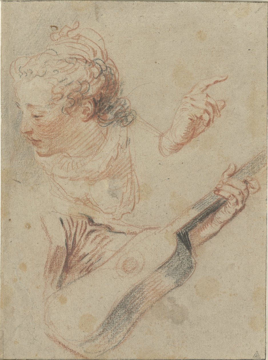 Folha de estudo com um olhar para baixo da cabeça da rapariga, uma guitarra e mãos a tocá-las de Jean Antoine Watteau
