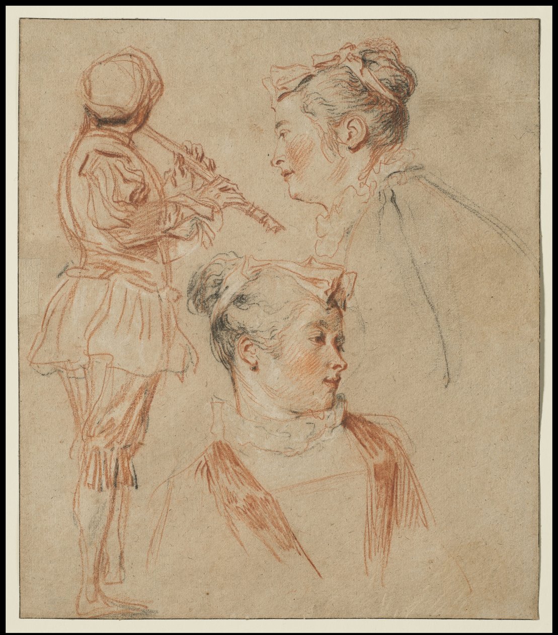 Estudos de um flautista e duas mulheres, c.1717 de Jean Antoine Watteau