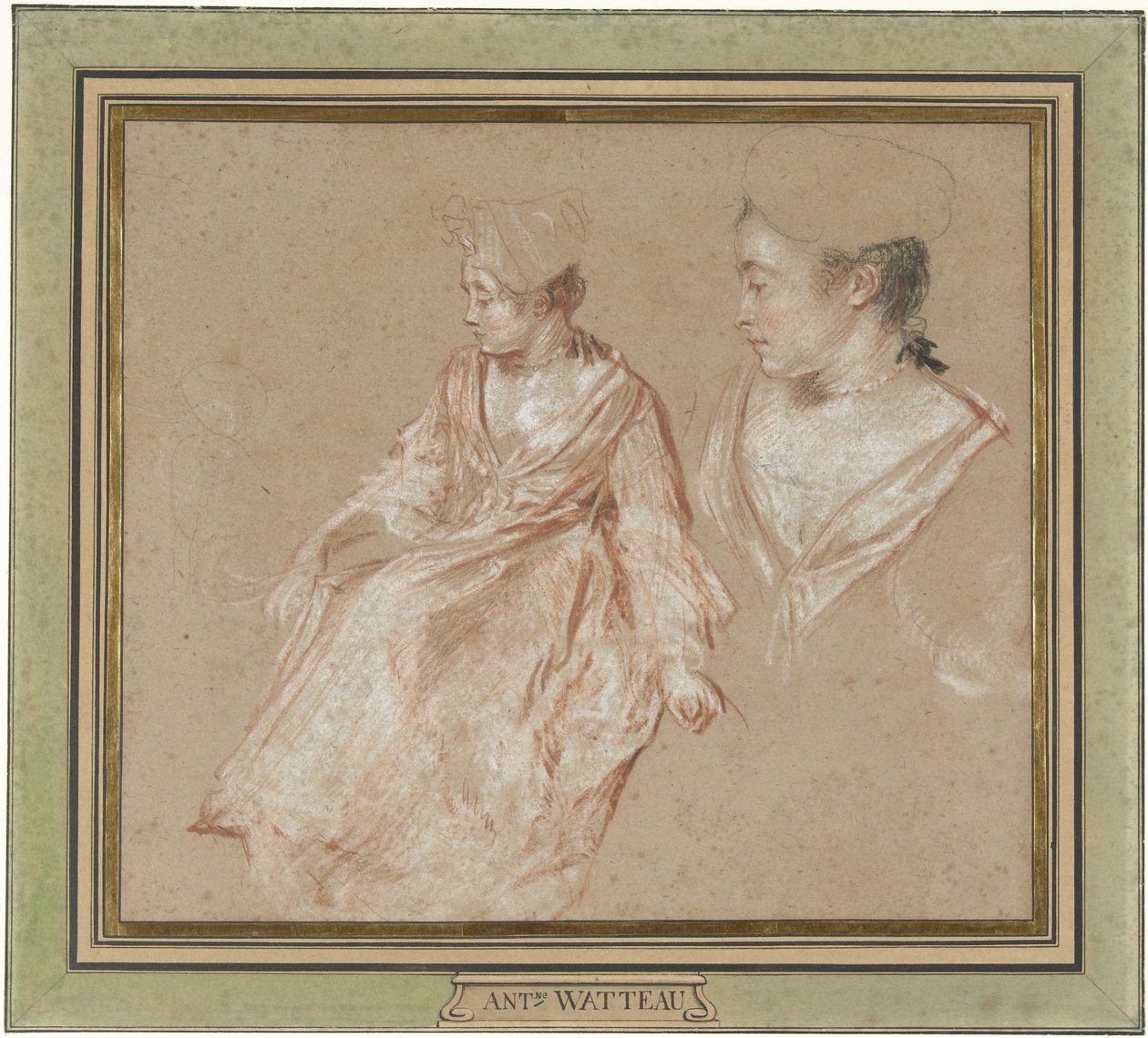 Estudos de uma mulher sentada e um detalhe da sua cabeça e ombros de Jean Antoine Watteau